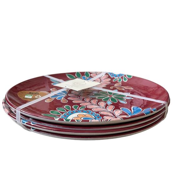 BUNGALOW Set of 4 Melamine 11" Dinner Plates Burgundy Multi Colored Floral NEW - Picture 6 of 10
